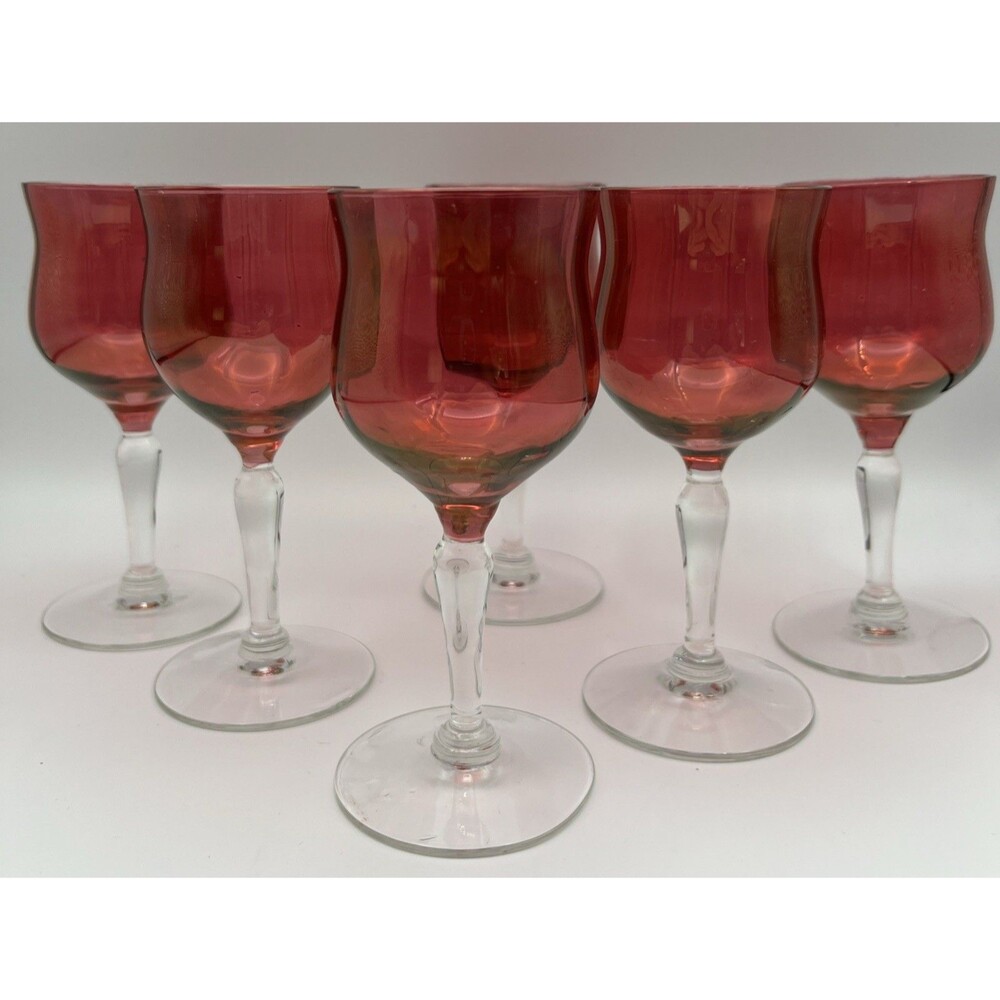 Set of 6 West Virginia Cranberry Lustre Clear Stem 4" Cordial Glasses 4 oz